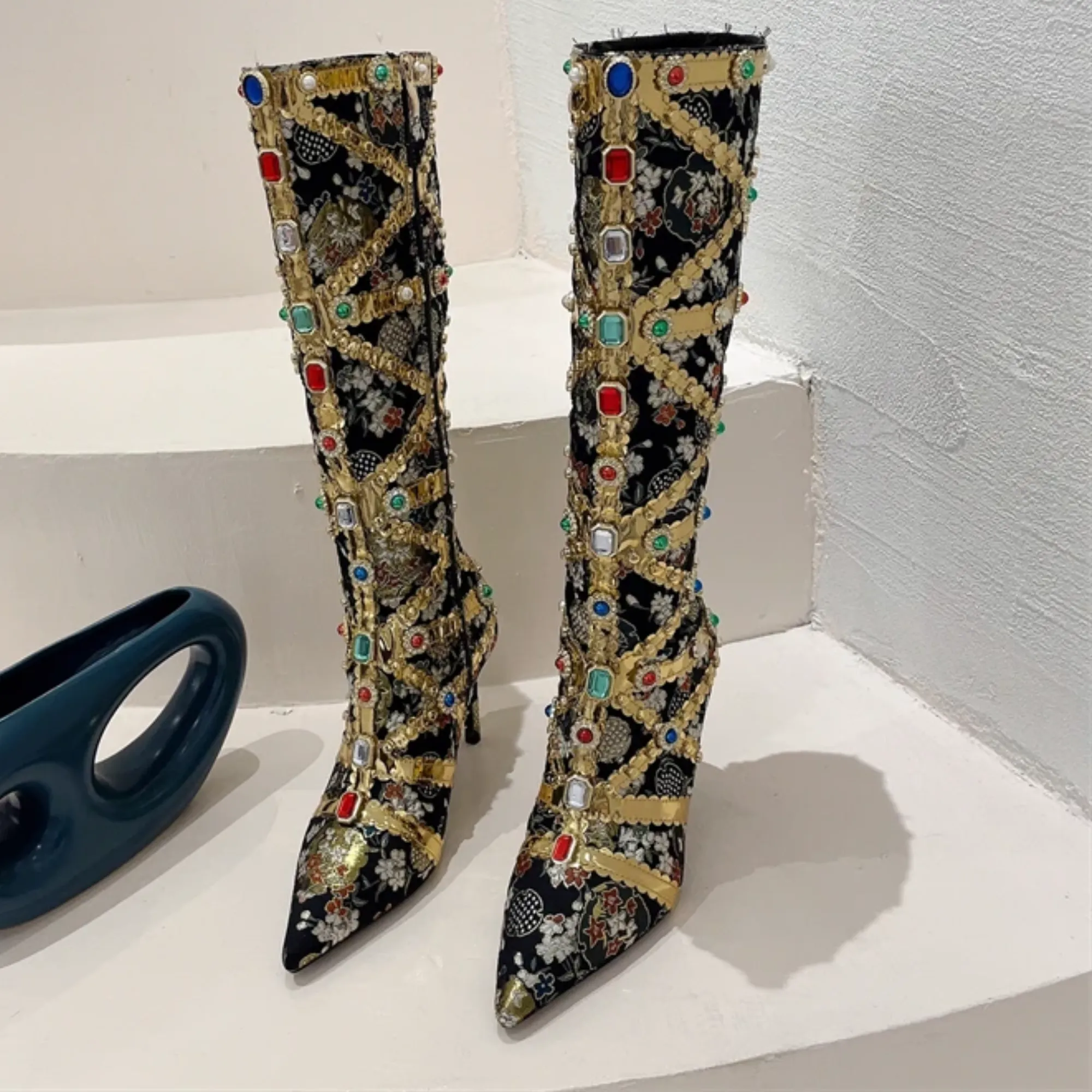 Gold Embellished Knee High Heeled Boots