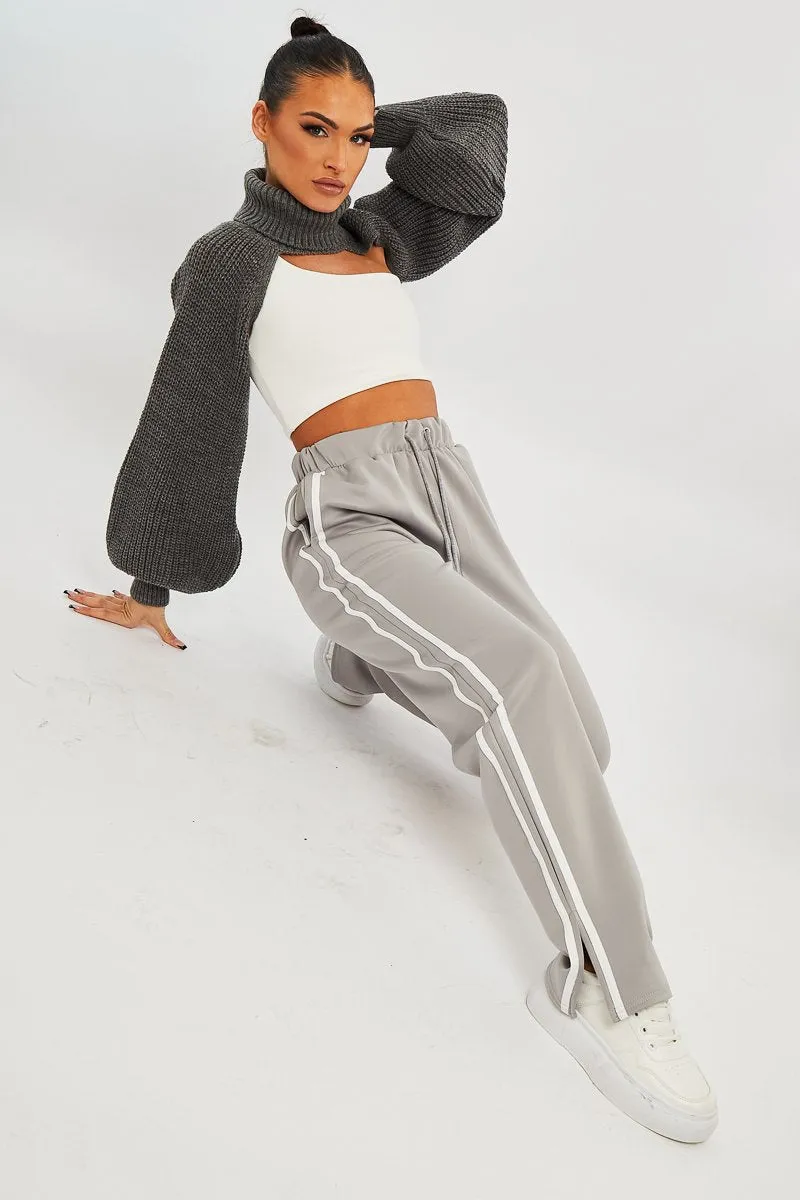 Grey Side Stripe Split Hem Wide Leg Joggers - Karris