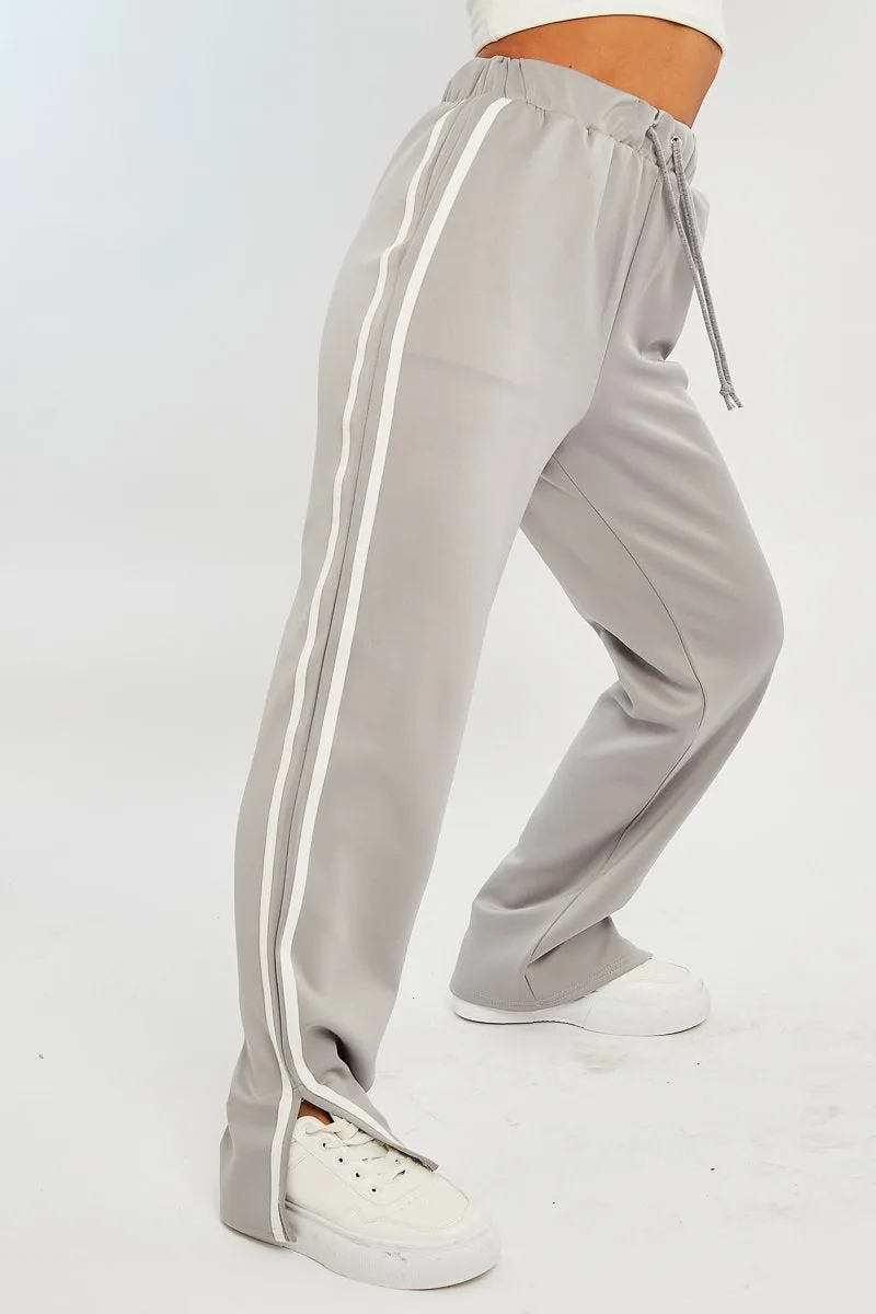Grey Side Stripe Split Hem Wide Leg Joggers - Karris