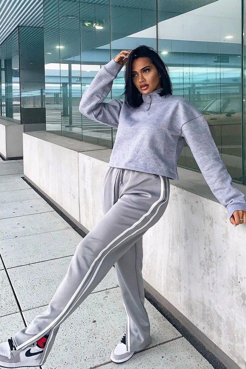 Grey Side Stripe Split Hem Wide Leg Joggers - Karris