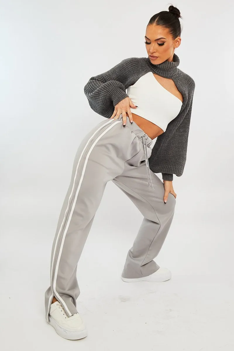 Grey Side Stripe Split Hem Wide Leg Joggers - Karris