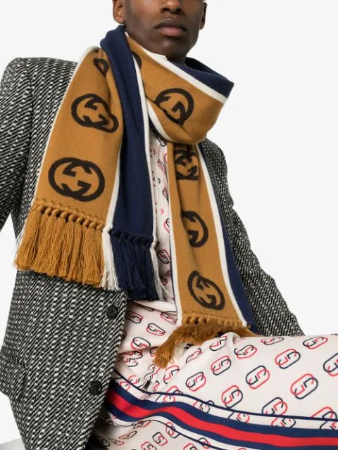 Gucci GG Stripe Scarf in Navy and Brown