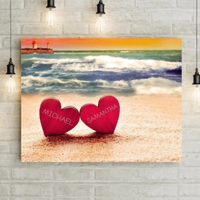 Hearts Of Love Carved Wooden Hearts on Beach Canvas Wall Decor