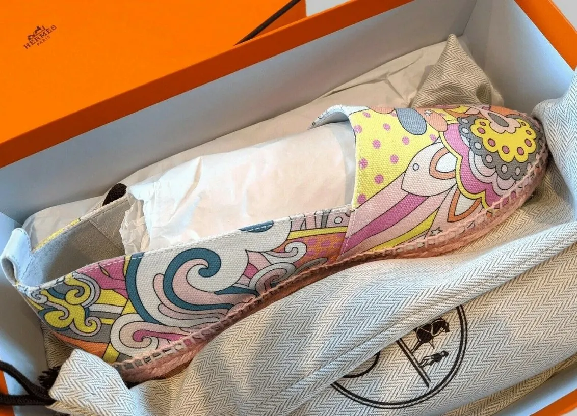 Hermes [68] Womens' Pink Psychedelic Cotton Canvas Espadrilles Sneakers Cord Shoes Sz40 BNIB!