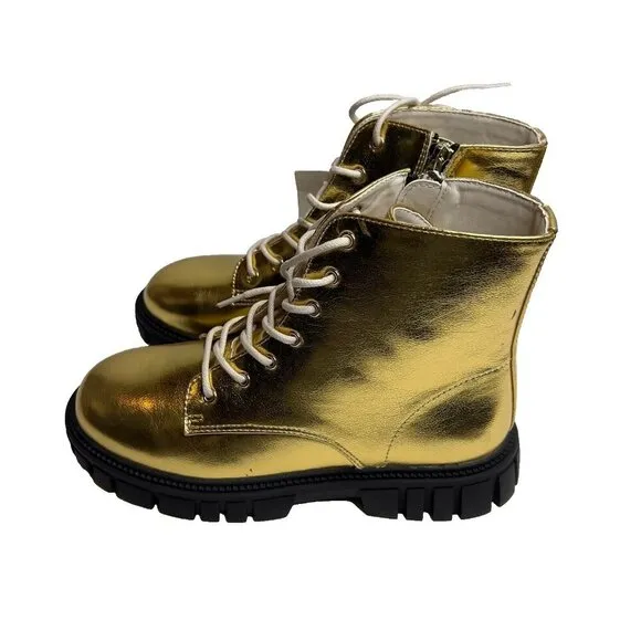 J.Crew Crewcuts $98 Girls' lace-up lug-sole boots in metallic Gold Size K4 CC904