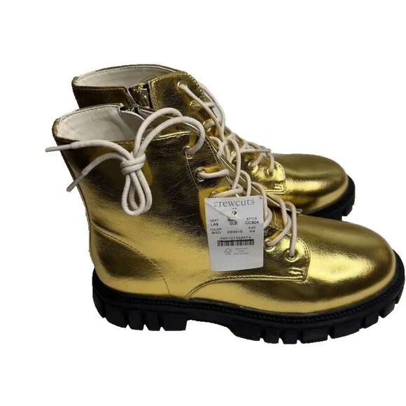 J.Crew Crewcuts $98 Girls' lace-up lug-sole boots in metallic Gold Size K4 CC904