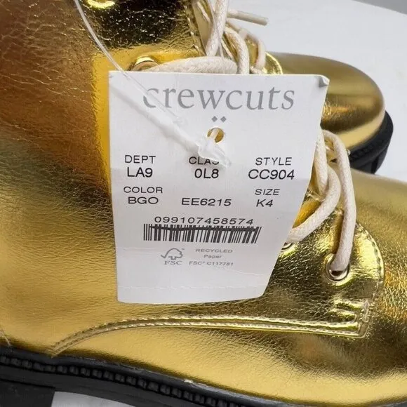 J.Crew Crewcuts $98 Girls' lace-up lug-sole boots in metallic Gold Size K4 CC904