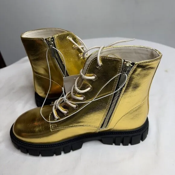 J.Crew Crewcuts $98 Girls' lace-up lug-sole boots in metallic Gold Size K4 CC904