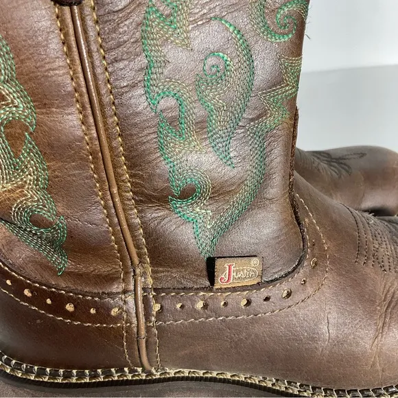 Justin Gypsy Womens Western Leather Two-Tone Brown Teal Trim Round Toe Size 6.5B