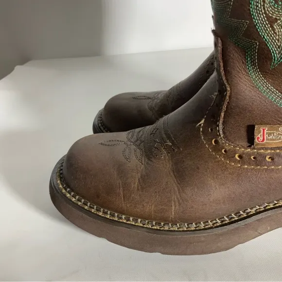 Justin Gypsy Womens Western Leather Two-Tone Brown Teal Trim Round Toe Size 6.5B