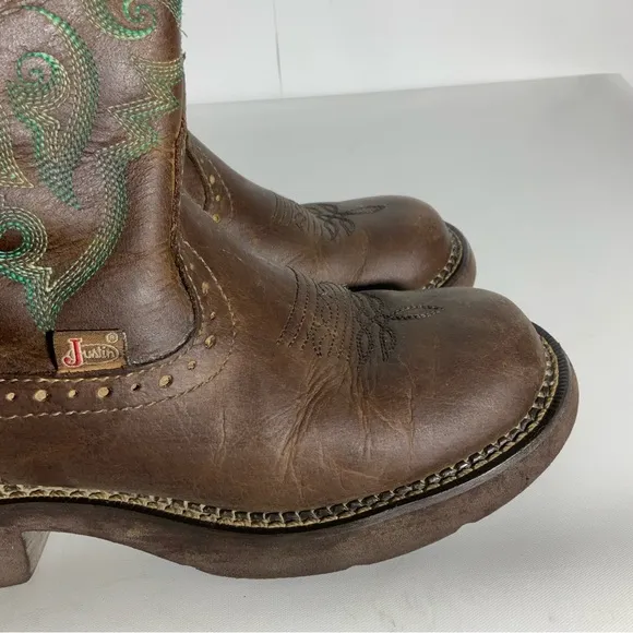 Justin Gypsy Womens Western Leather Two-Tone Brown Teal Trim Round Toe Size 6.5B