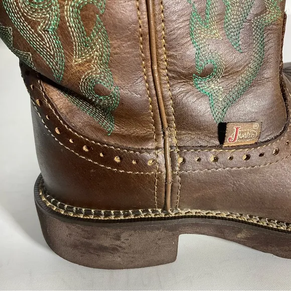Justin Gypsy Womens Western Leather Two-Tone Brown Teal Trim Round Toe Size 6.5B