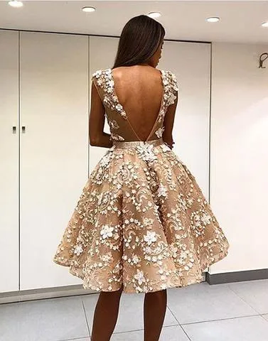 Lace Applique Floral V-neck Backless Pleated Homecoming Dresses