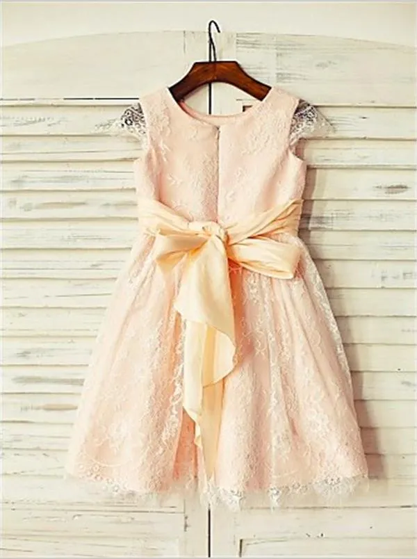 Lace Princess Scoop Short Sleeves Flower Girl Dresses Floor Length Dress