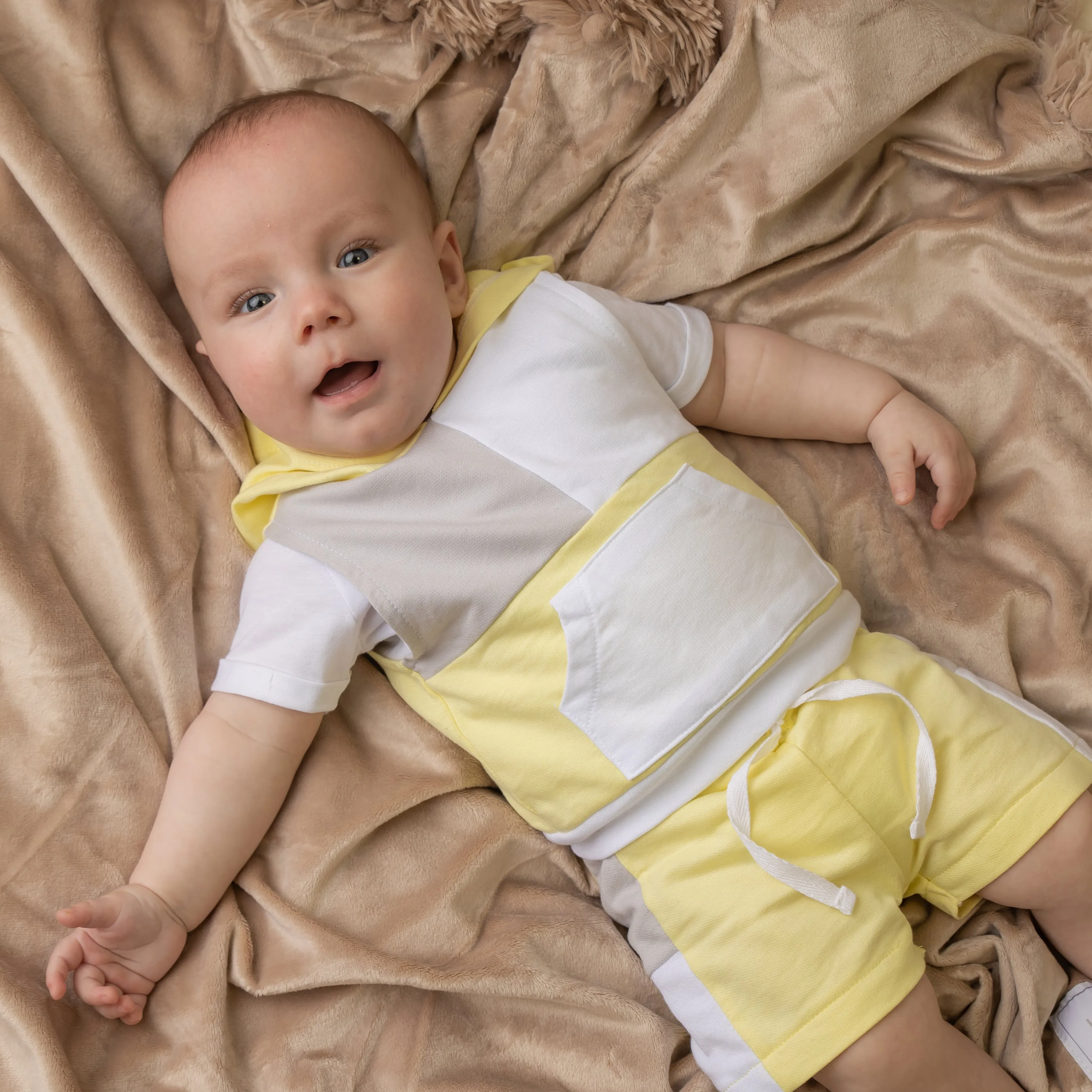 Lemon Tri Colour Hooded Short Set