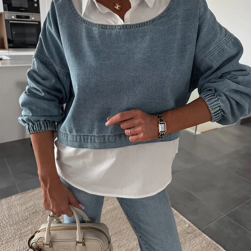💖Limited Sale 50% OFF💖Women's Fashion Long Sleeve Denim Top & Pants Two Piece Set