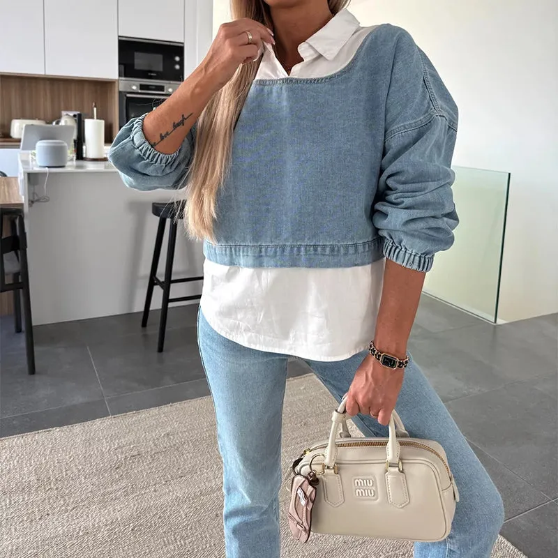 💖Limited Sale 50% OFF💖Women's Fashion Long Sleeve Denim Top & Pants Two Piece Set