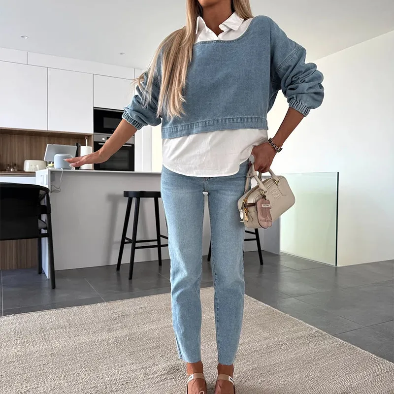💖Limited Sale 50% OFF💖Women's Fashion Long Sleeve Denim Top & Pants Two Piece Set