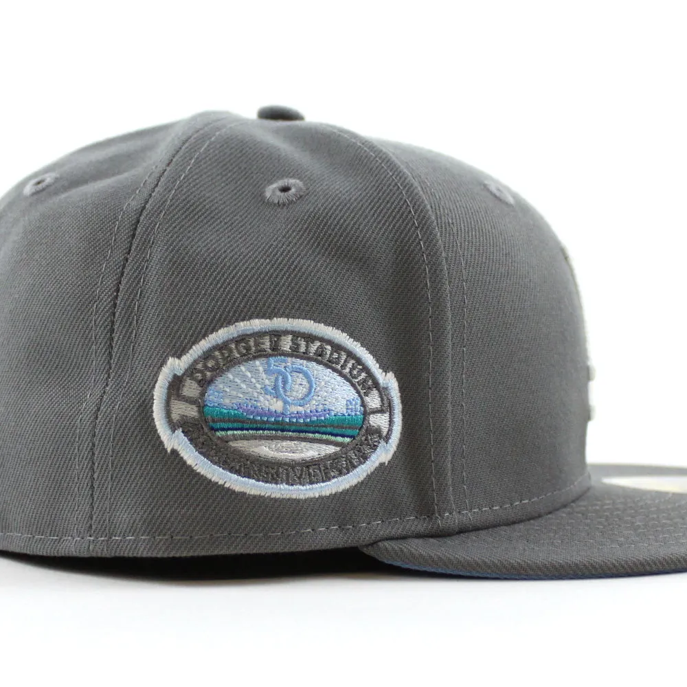 Los Angeles Dodger Stadium 50th Anniversary New Era 59Fifty Fitted Hat (GITD Storm Gray Sky Blue Under Brim)