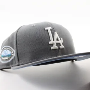 Los Angeles Dodger Stadium 50th Anniversary New Era 59Fifty Fitted Hat (GITD Storm Gray Sky Blue Under Brim)