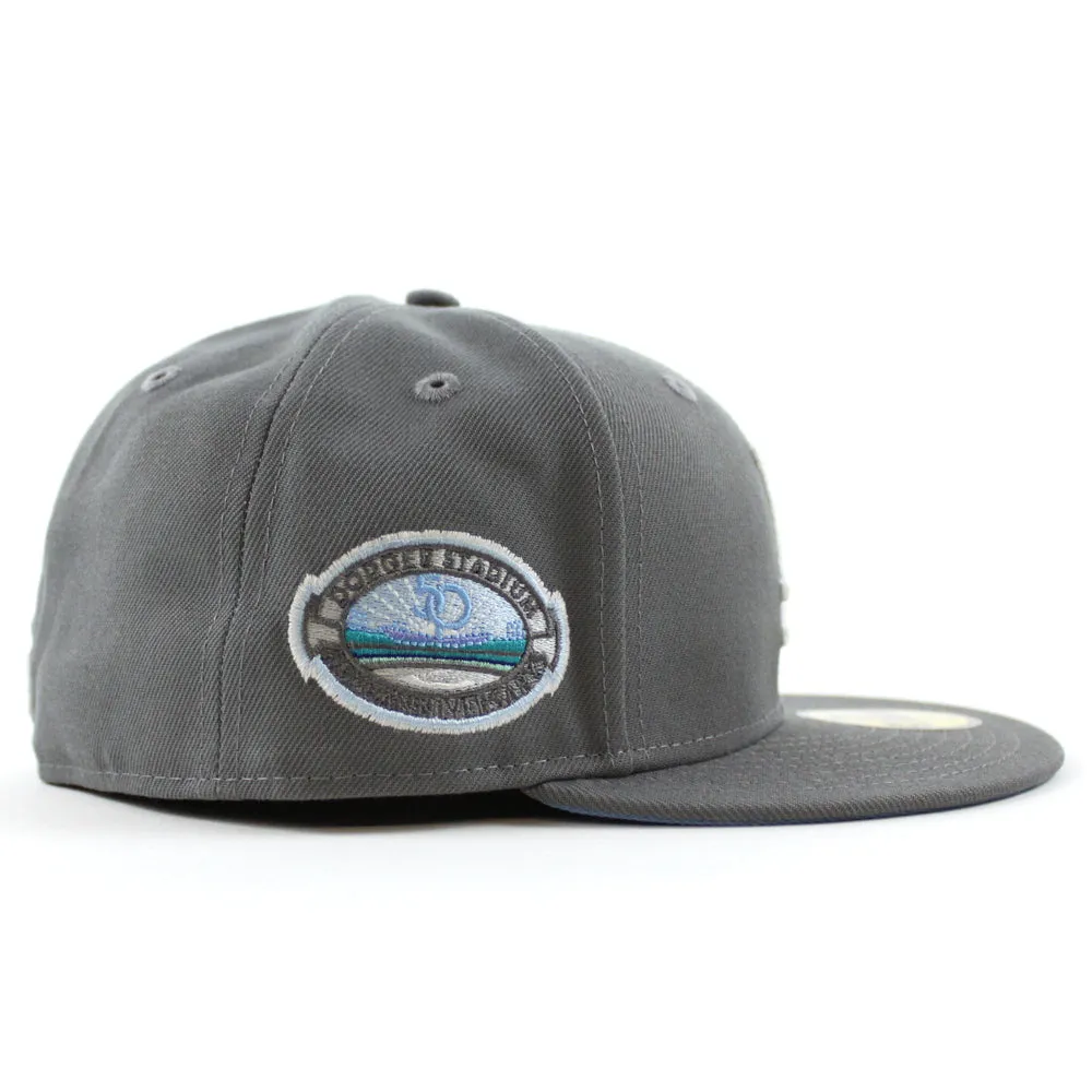 Los Angeles Dodger Stadium 50th Anniversary New Era 59Fifty Fitted Hat (GITD Storm Gray Sky Blue Under Brim)
