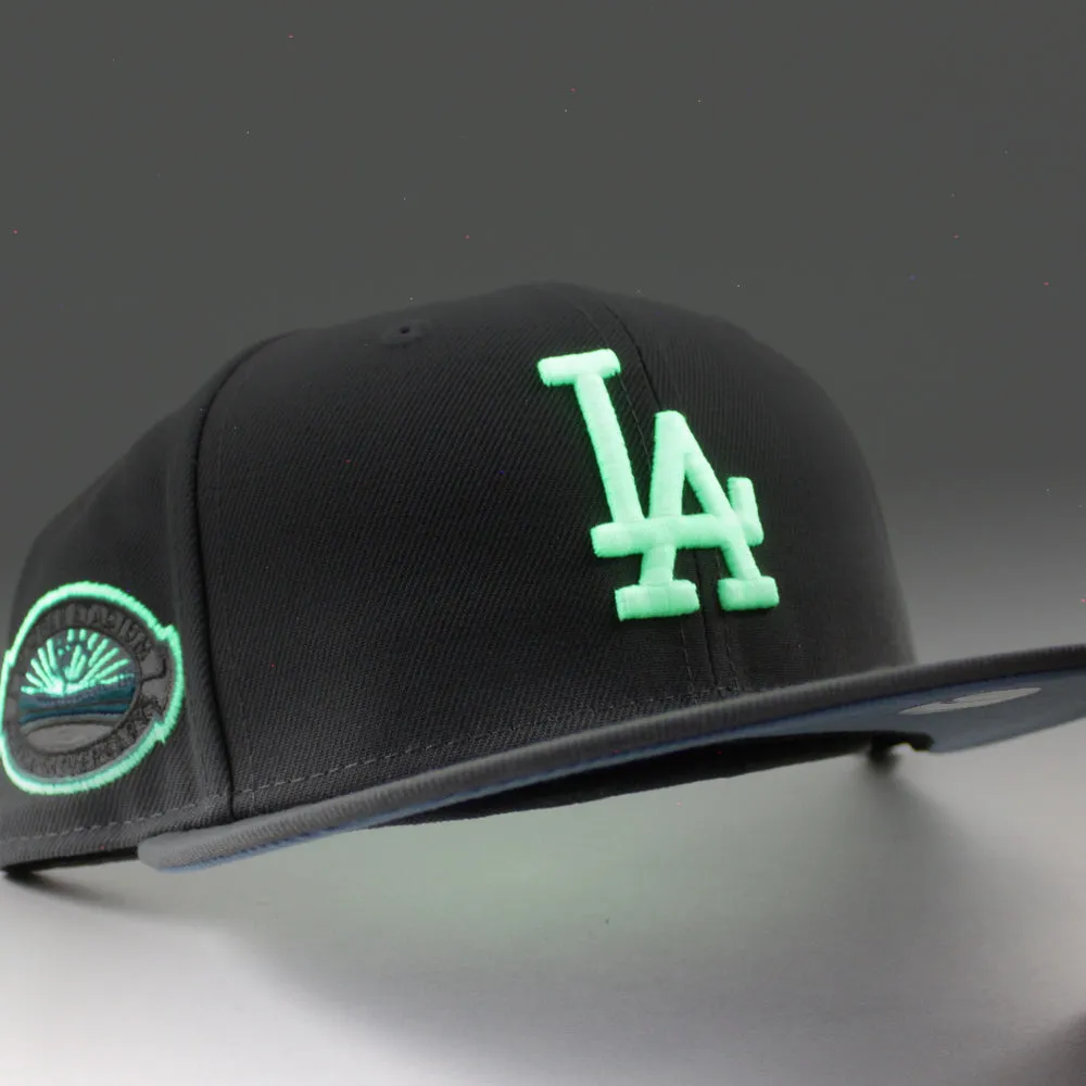 Los Angeles Dodger Stadium 50th Anniversary New Era 59Fifty Fitted Hat (GITD Storm Gray Sky Blue Under Brim)