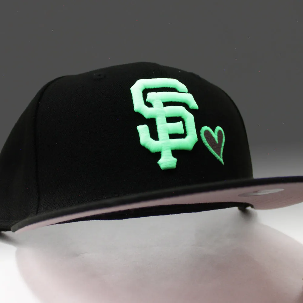 Love San Francisco Giants New Era 59Fifty Fitted Hat V2 (Glow in the Dark Black Pink Under Brim)