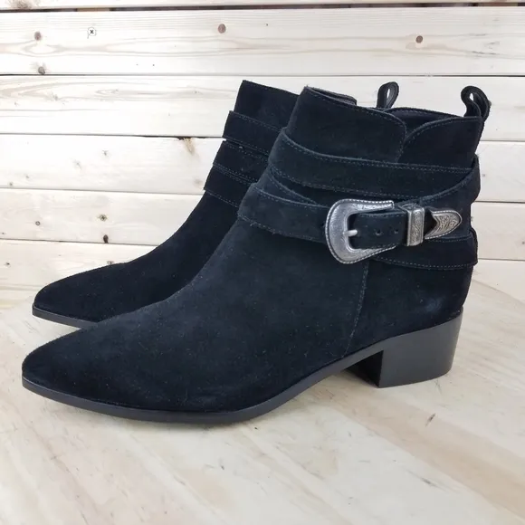 Marc Fisher Yandi 8 US Black Suede/Leather Ankle Buckle Boots Western Bootie NEW