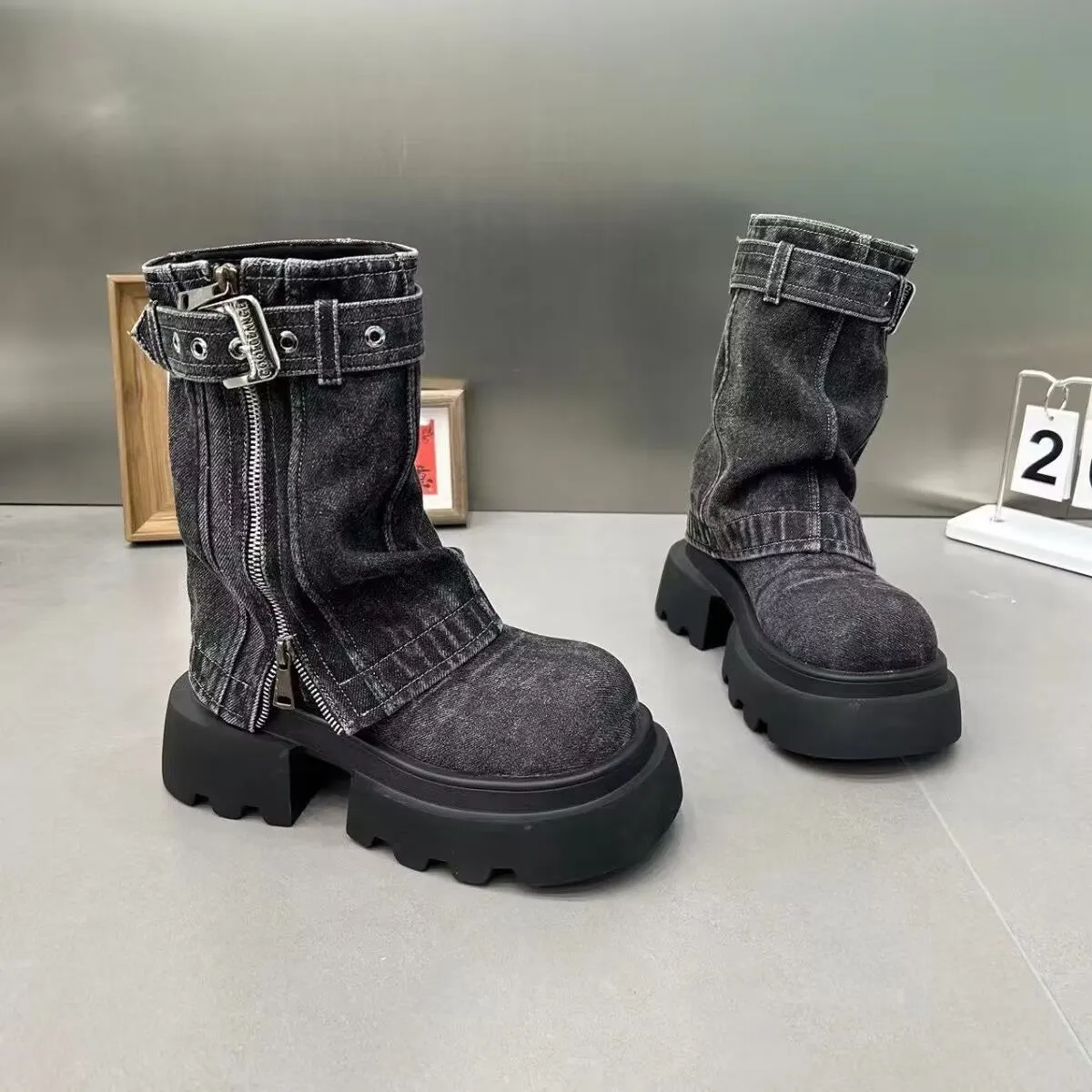 Martin Boots Denim Fake Two Pieces Pile Style Boots Motorcycle Boots