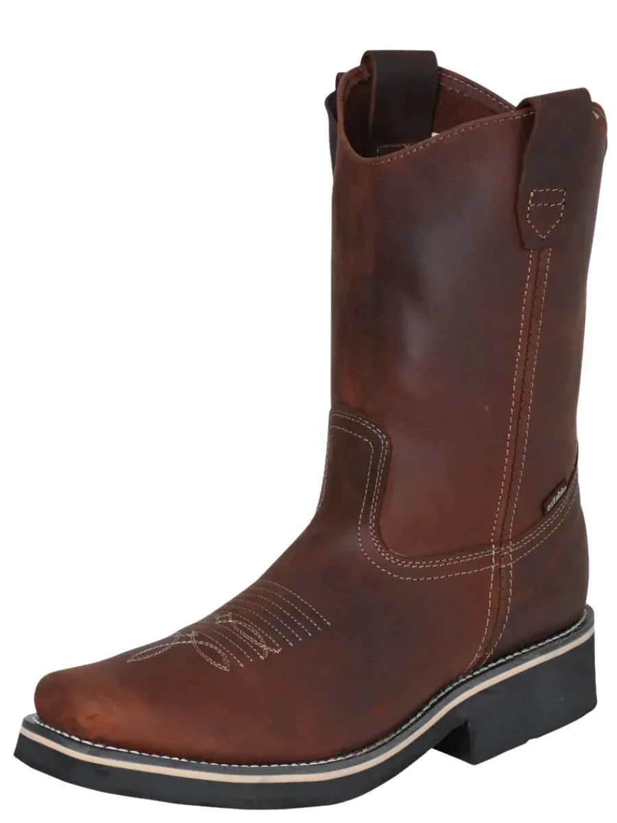 Men's Genuine Leather Pull-On Soft Toe Western Work Boots 'Stable' Brown Color 41531