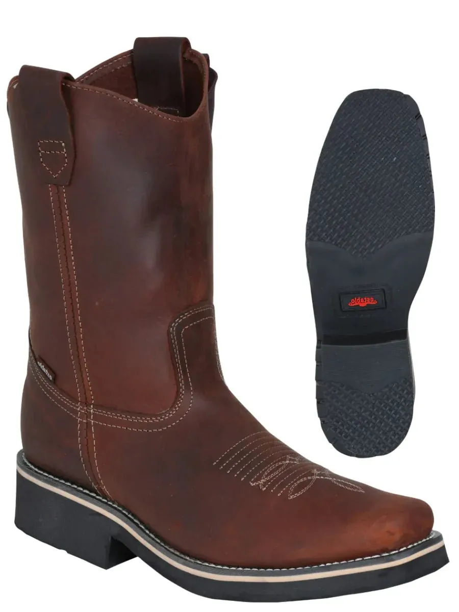 Men's Genuine Leather Pull-On Soft Toe Western Work Boots 'Stable' Brown Color 41531
