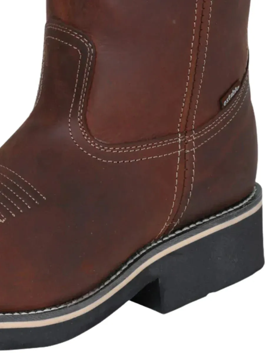 Men's Genuine Leather Pull-On Soft Toe Western Work Boots 'Stable' Brown Color 41531