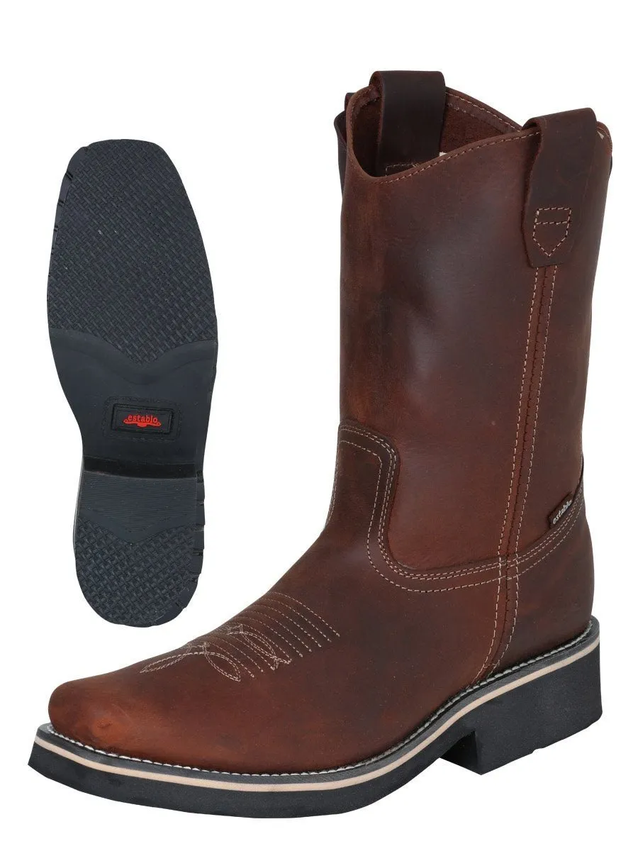 Men's Genuine Leather Pull-On Soft Toe Western Work Boots 'Stable' Brown Color 41531