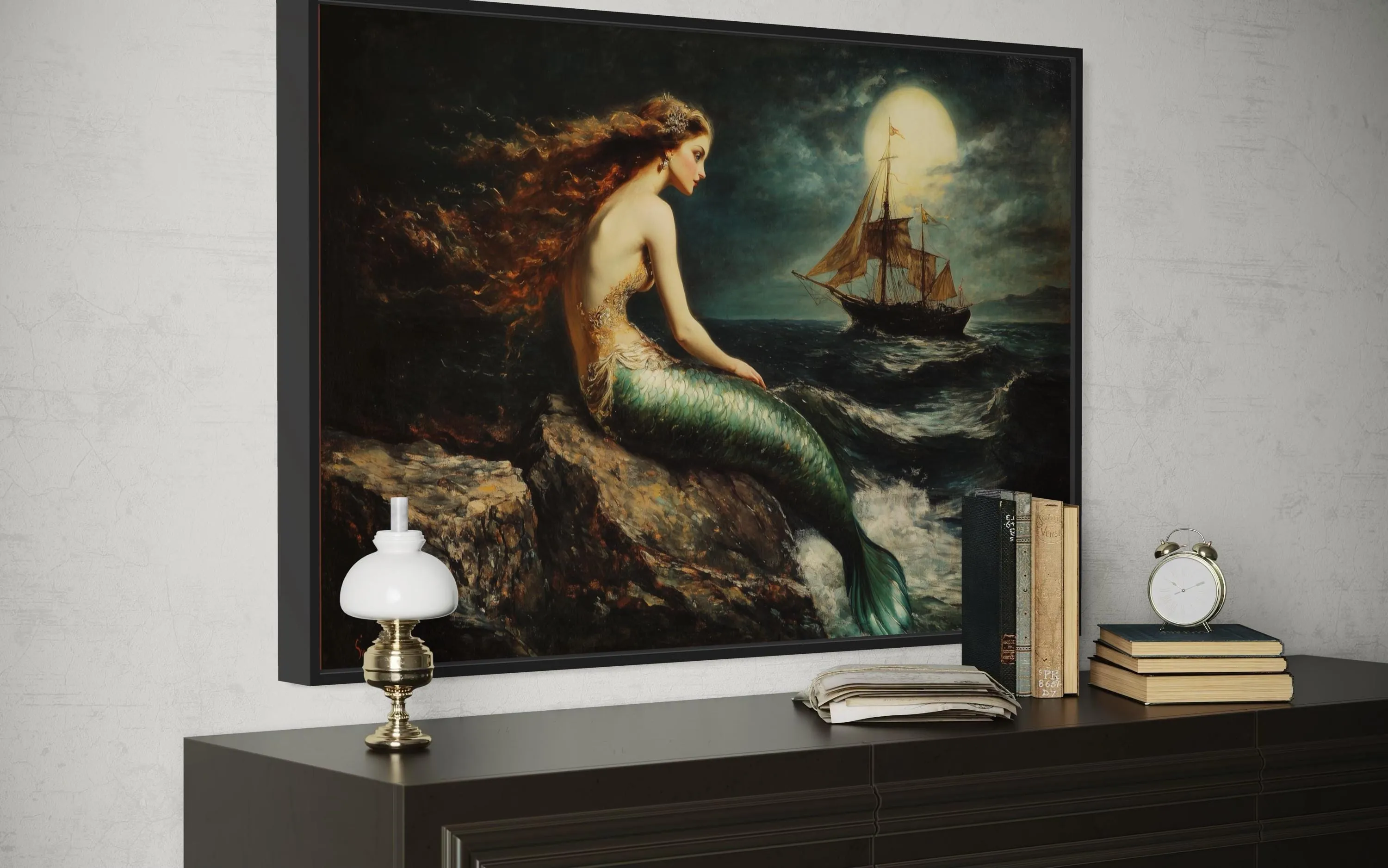 Mermaid and Ship Under Moon Dark Academia Framed Canvas Wall Art