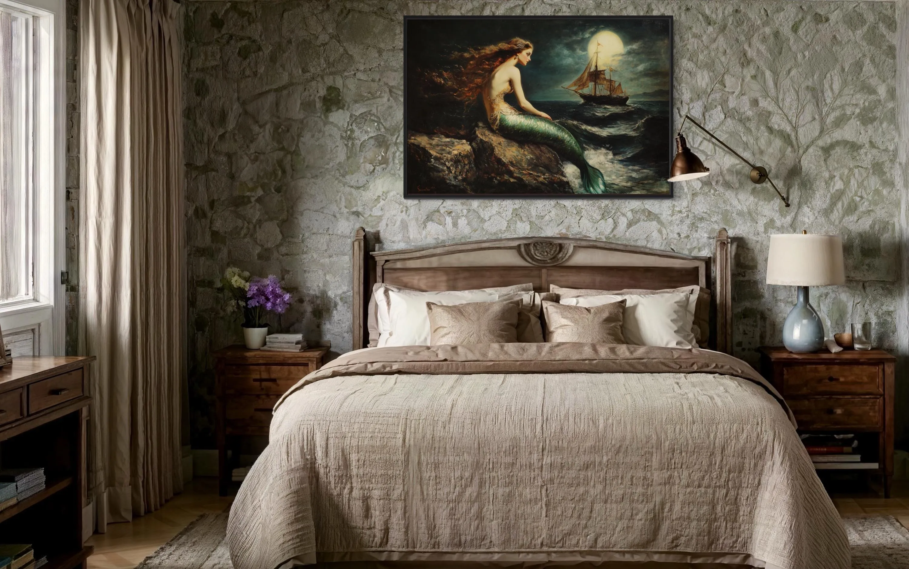 Mermaid and Ship Under Moon Dark Academia Framed Canvas Wall Art