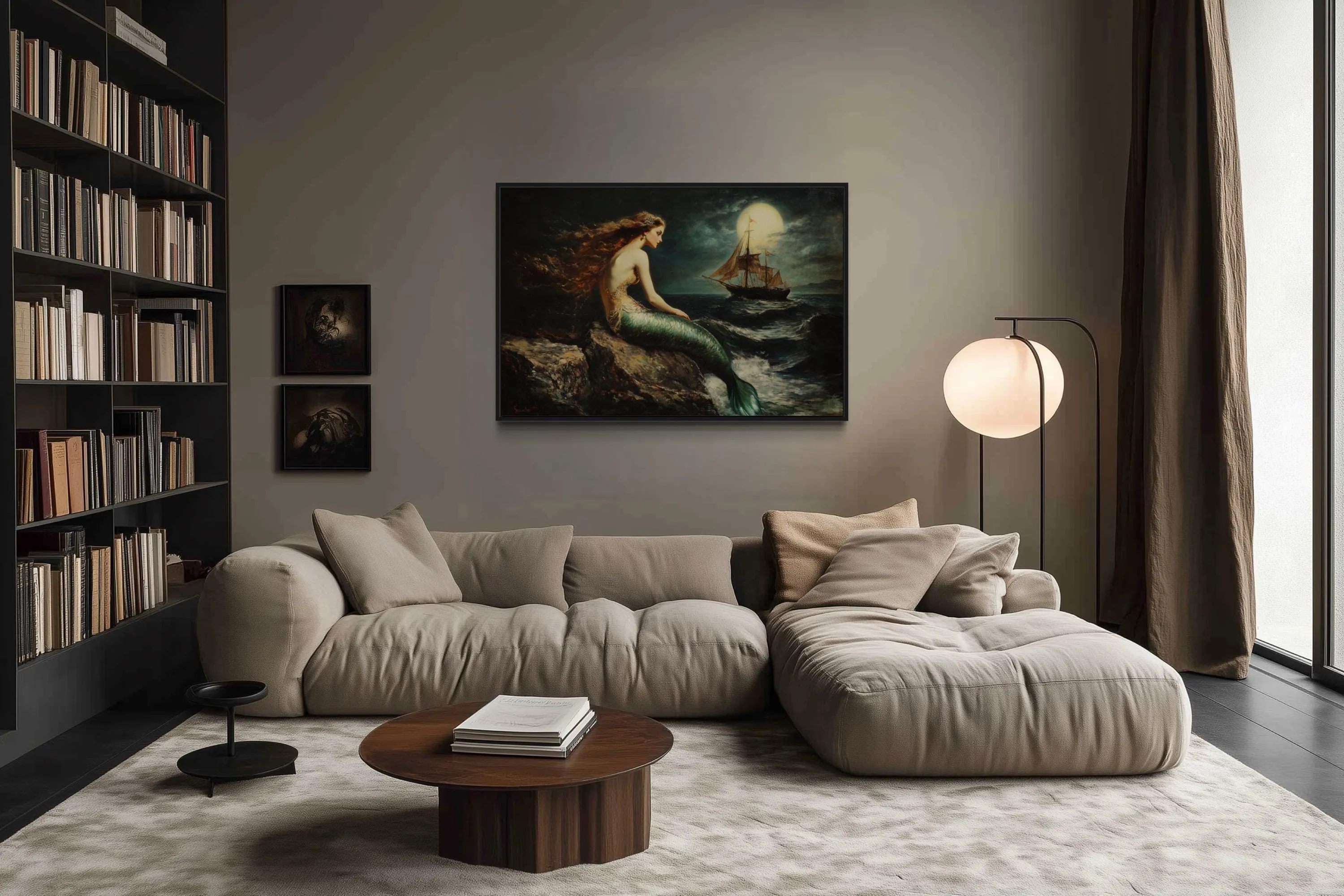 Mermaid and Ship Under Moon Dark Academia Framed Canvas Wall Art