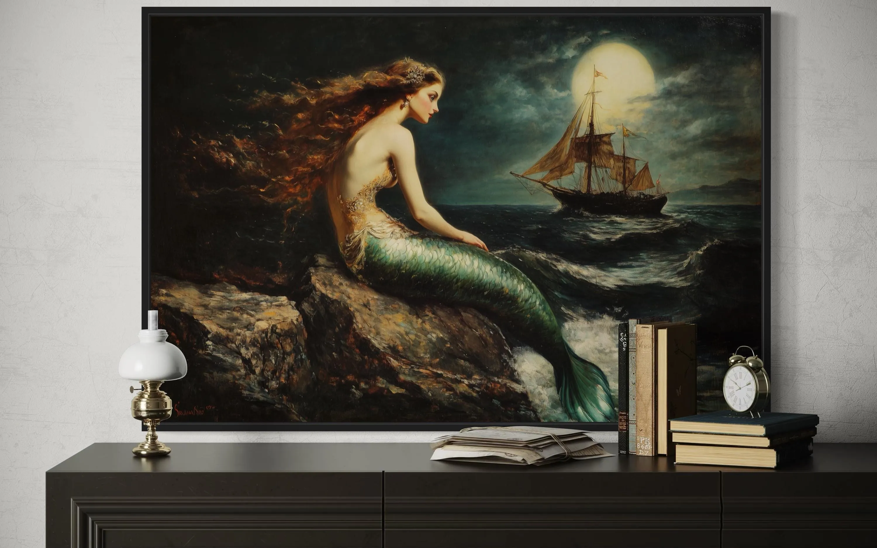 Mermaid and Ship Under Moon Dark Academia Framed Canvas Wall Art