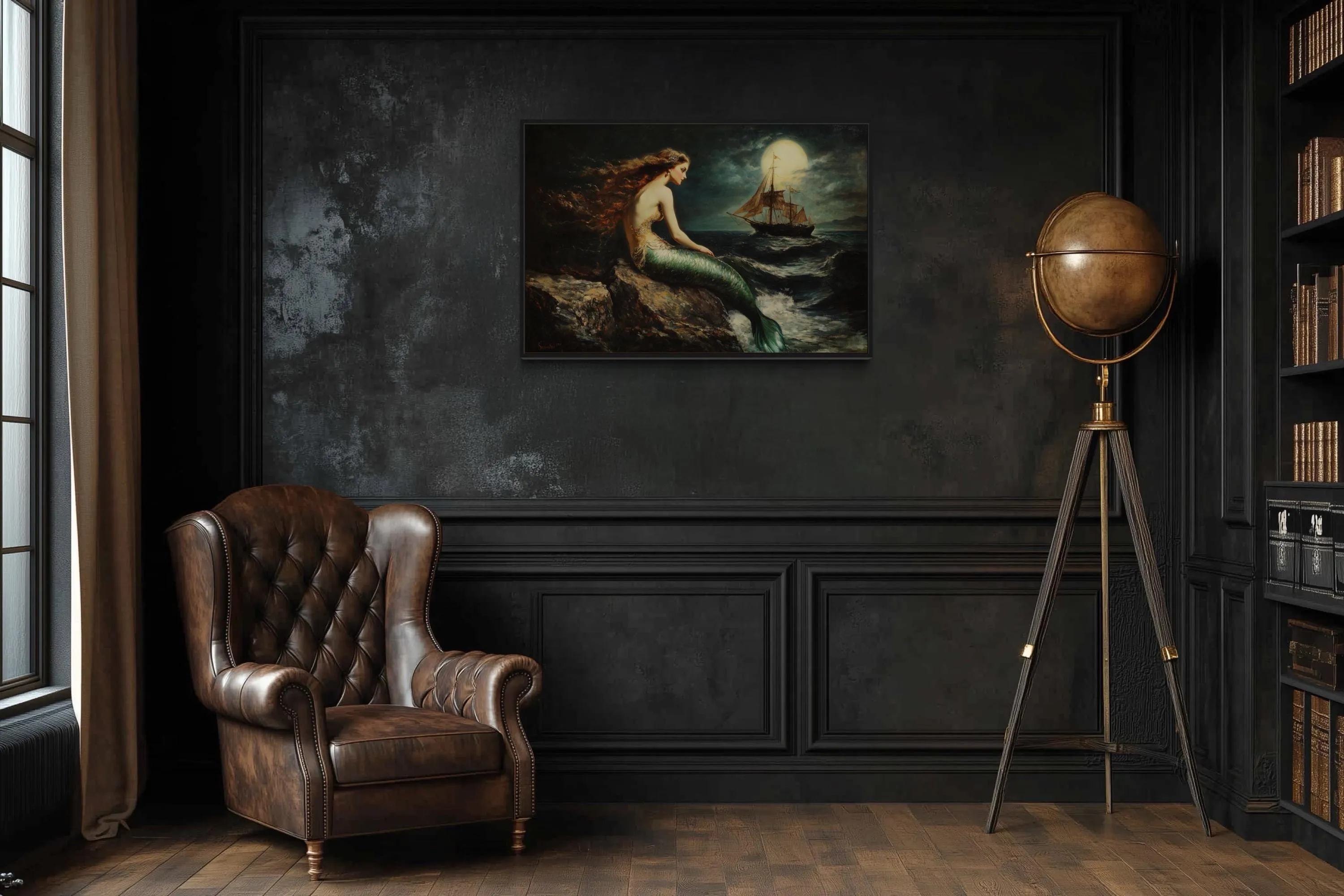 Mermaid and Ship Under Moon Dark Academia Framed Canvas Wall Art