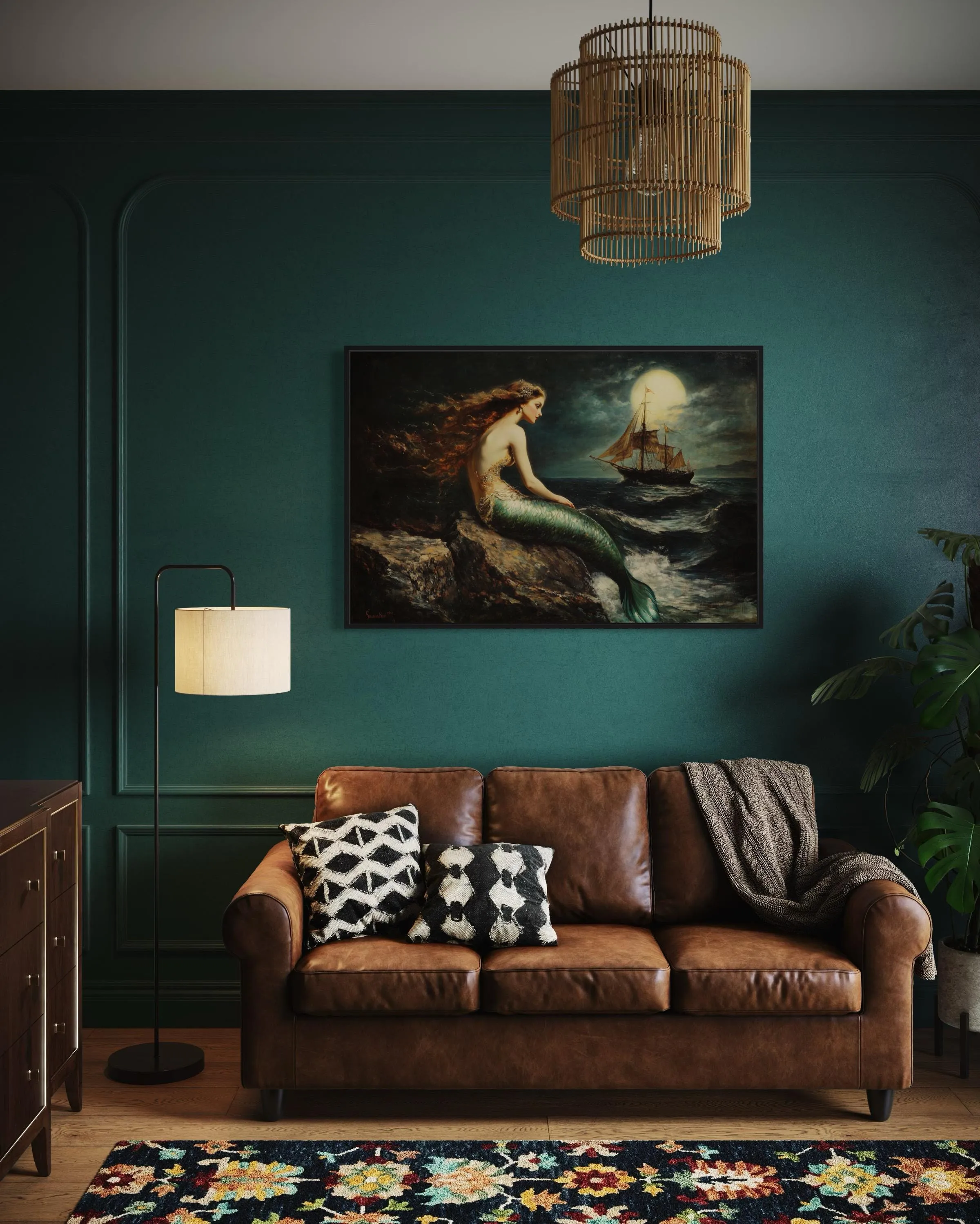 Mermaid and Ship Under Moon Dark Academia Framed Canvas Wall Art