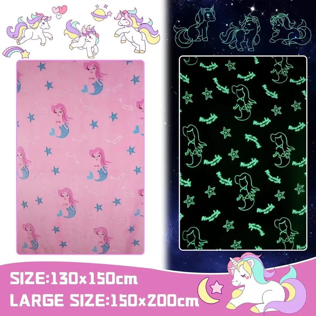 Mermaid Glow in The Dark Blanket for Kids, 200 x 152cm, 0-15 years | All-Weather Lightweight Blanket for Kids’ Room