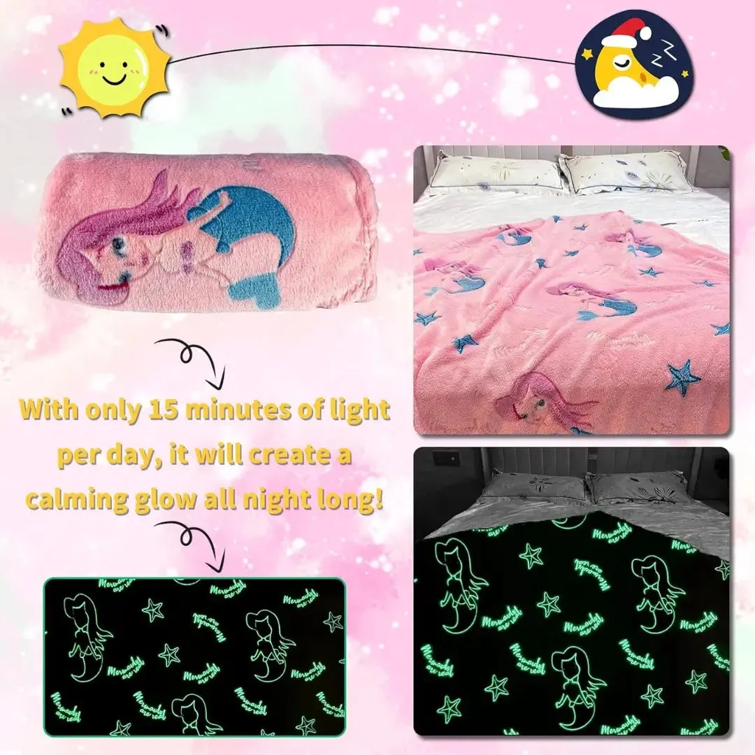Mermaid Glow in The Dark Blanket for Kids, 200 x 152cm, 0-15 years | All-Weather Lightweight Blanket for Kids’ Room