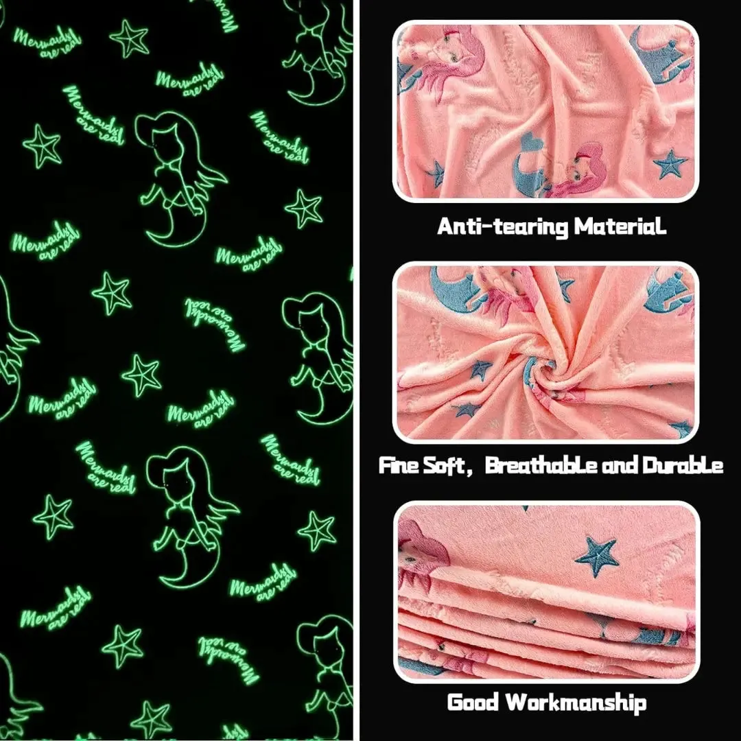 Mermaid Glow in The Dark Blanket for Kids, 200 x 152cm, 0-15 years | All-Weather Lightweight Blanket for Kids’ Room