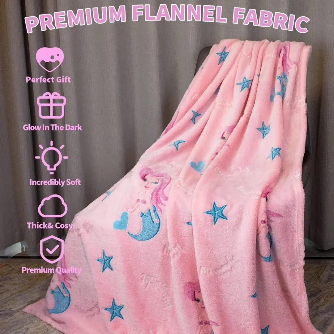 Mermaid Glow in The Dark Blanket for Kids, 200 x 152cm, 0-15 years | All-Weather Lightweight Blanket for Kids’ Room