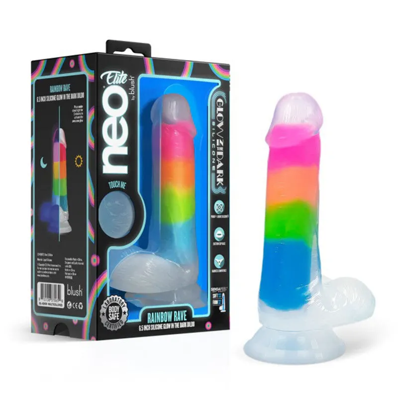 Neo Elite Glow in the Dark Rainbow Rave 6.5" Silicone Dual Density  Multicolored