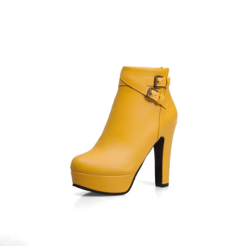New Style Short Boots High Heel Waterproof Platform Belt Buckle Metal Buckle European Style