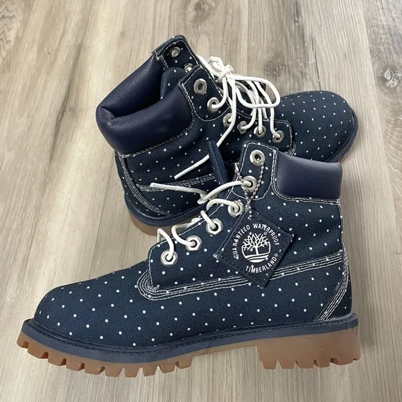 NEW Timberland Kids Blue Polka Dot Denim Chukka Ankle Lace Up Boots Size 4
