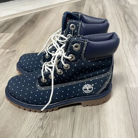 NEW Timberland Kids Blue Polka Dot Denim Chukka Ankle Lace Up Boots Size 4