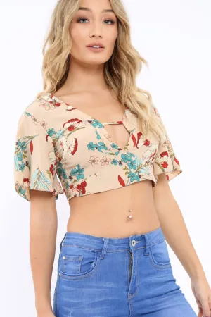 Nude Floral Plunge Tie Back Crop Top - Shelly