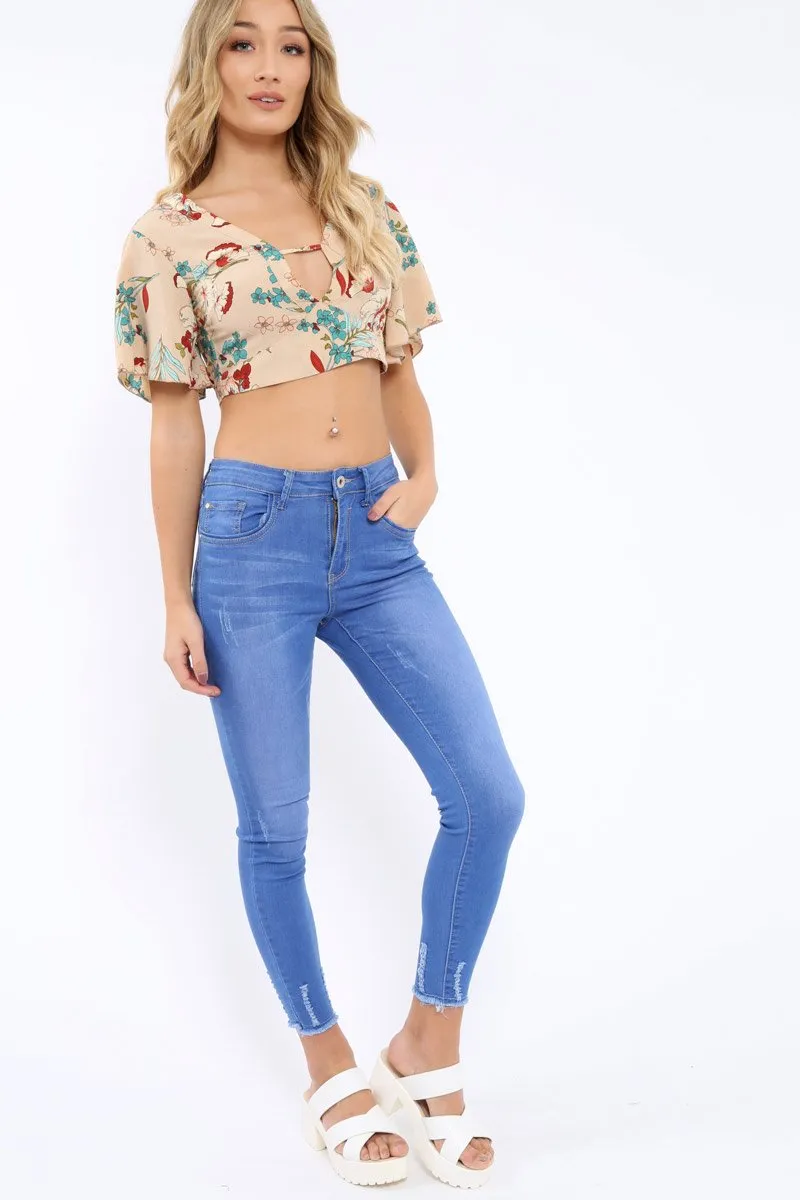 Nude Floral Plunge Tie Back Crop Top - Shelly