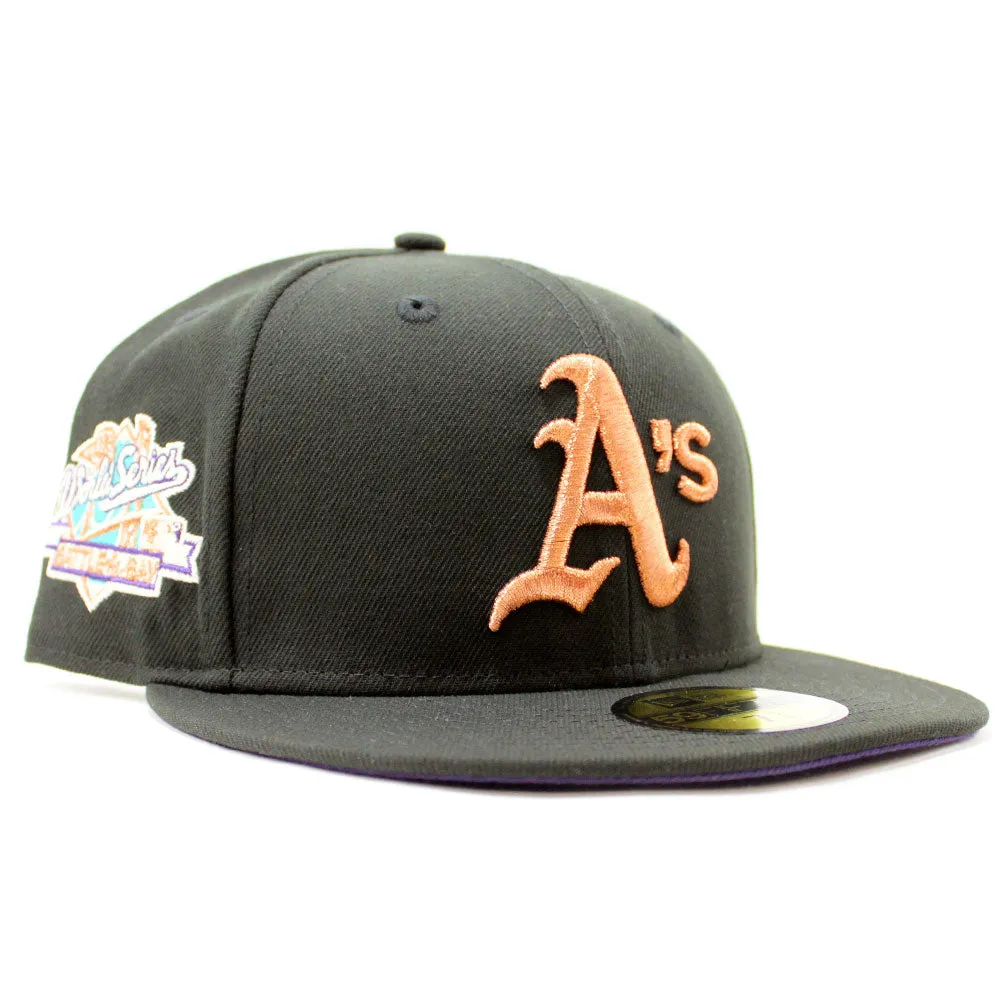 Oakland Athletics 1989 Battle of the Bay World Series New Era 59Fifty Fitted Hat (Glow in the Dark Black Metallic Copper Purple Under Brim)